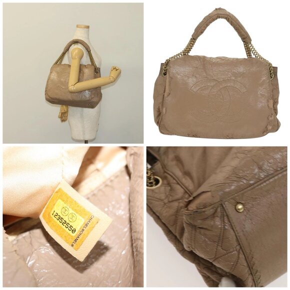 CHANEL Chain Shoulder Bag Vinyl Coated Leather Beige Gold CC - Picture 15 of 15